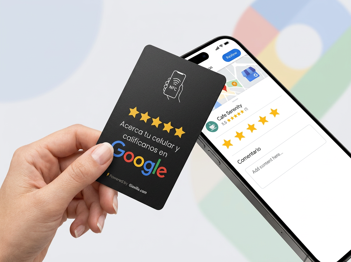 Cliente acercando su celular a una tarjeta NFC de reseñas de Google